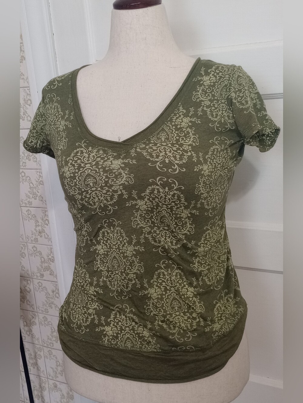 Olive Green Printed V-Neck Women’s Top